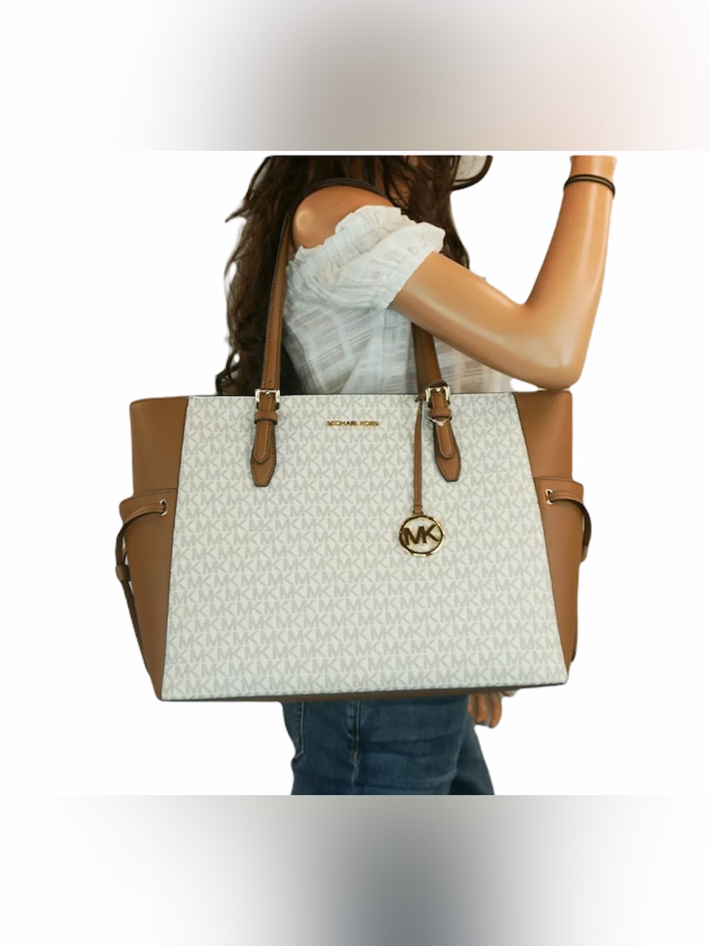 Michael Kors White And Brown Mk Signature Tote